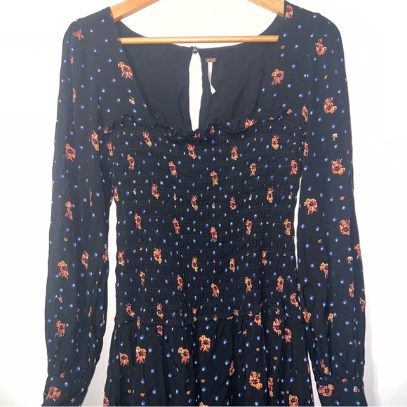 Free People Two Faces Dark Ditzy Floral Puff Sleeve Boho Mini Dress Size S - Picture 5 of 16